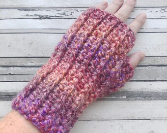 Crochet Fingerless Mittens, Orange and Purple Cosy Arm Warmers, Wrist Warmers, Womens Striped Gloves.