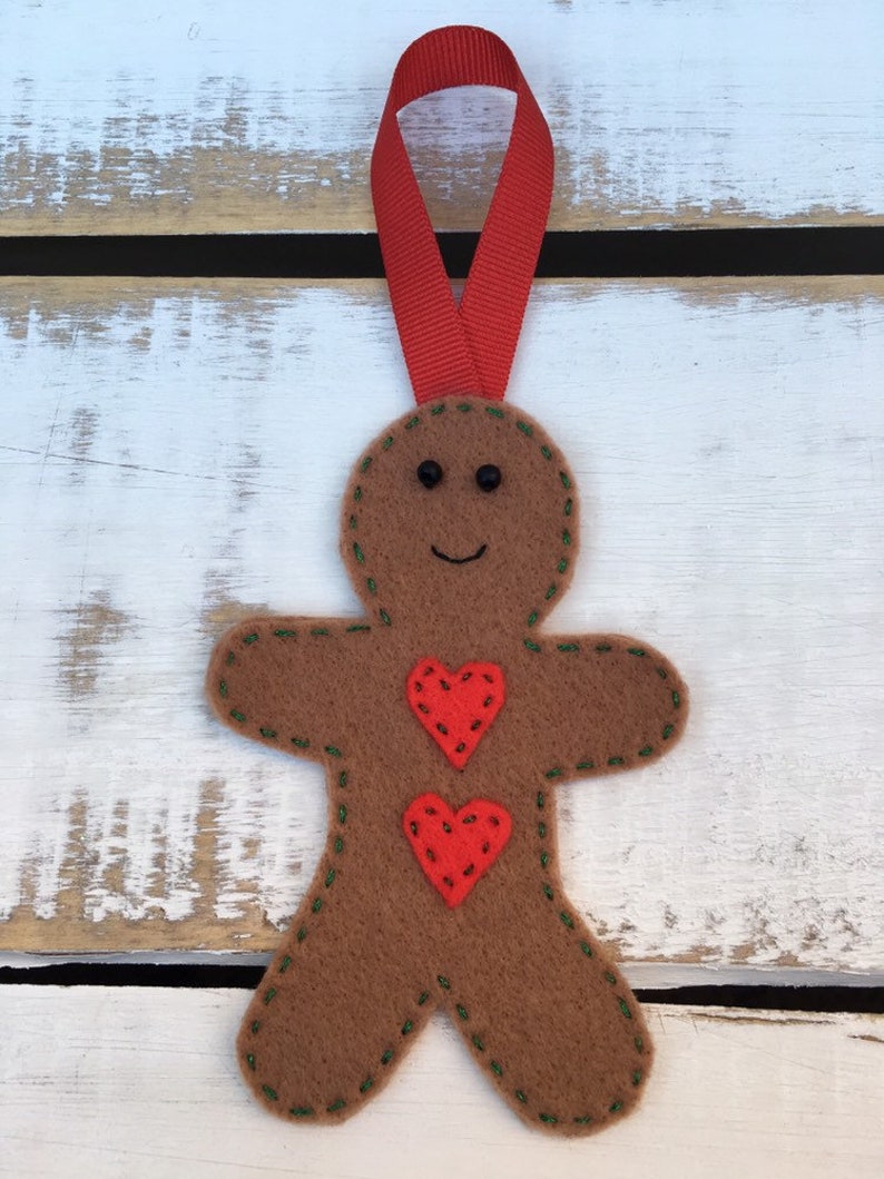 Traditional Stitched Felt Tree Ornaments Santa Claus Rudolph and Gingerbread Man. Set of 3 Christmas Decorations