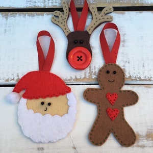 Set of 3 Christmas Decorations, Traditional Stitched Felt Tree Ornaments, Santa Claus, Rudolph and Gingerbread Man.