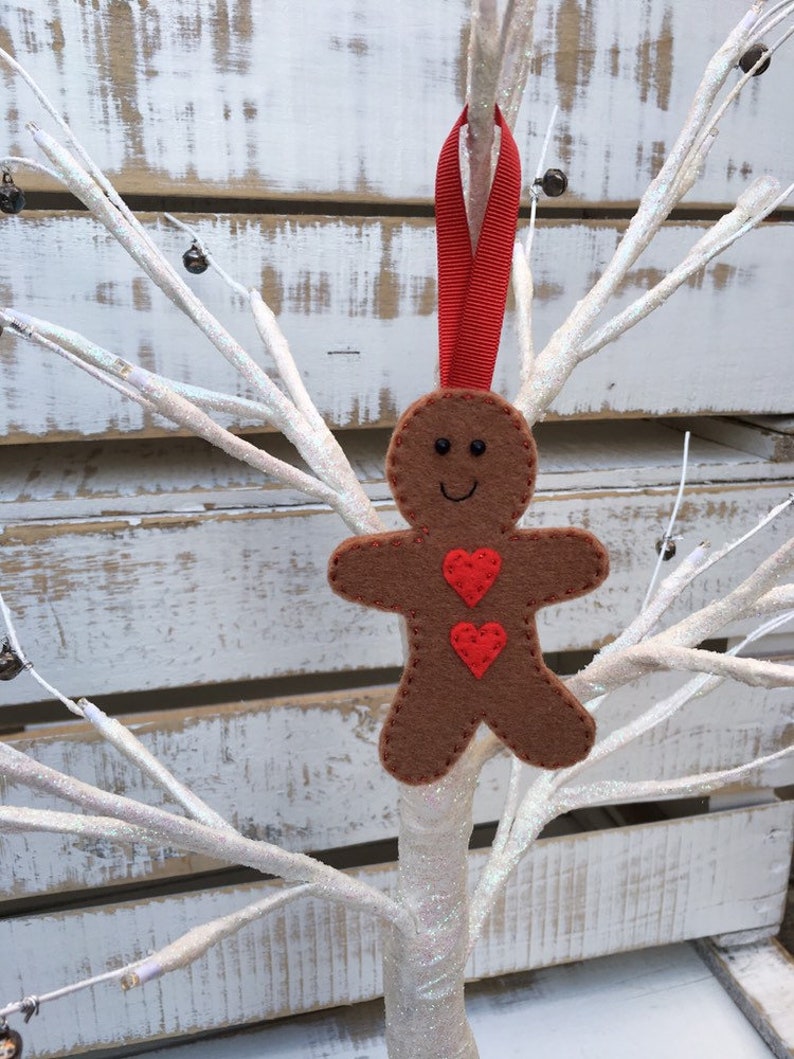 Traditional Stitched Felt Tree Ornaments Santa Claus Rudolph and Gingerbread Man. Set of 3 Christmas Decorations