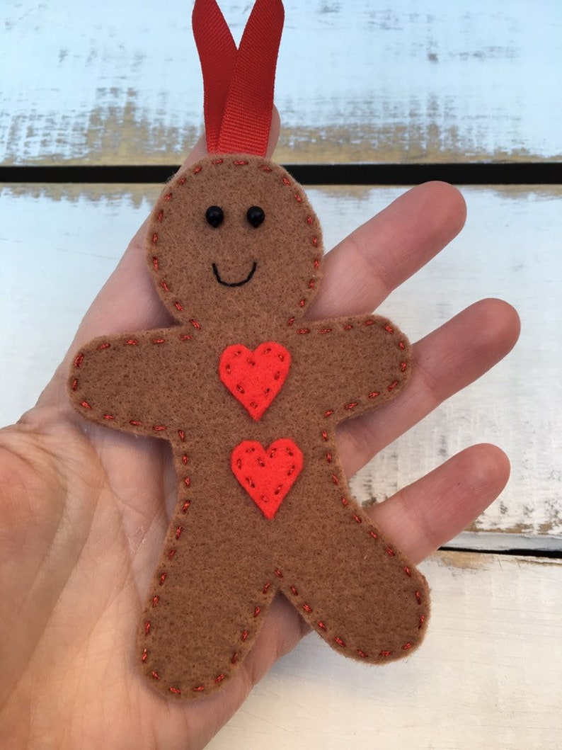 Traditional Stitched Felt Tree Ornaments Santa Claus Rudolph and Gingerbread Man. Set of 3 Christmas Decorations