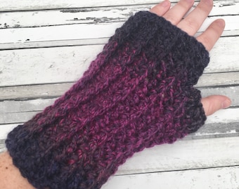 Crochet Fingerless Mittens, Purple Cosy Arm Warmers, Wrist Warmers, Womens Striped Gloves.