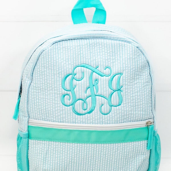 Monogrammed Seersucker Toddler Backpack for Kids - Personalized Baby Diaper Bag Suitcase - 7 Colors