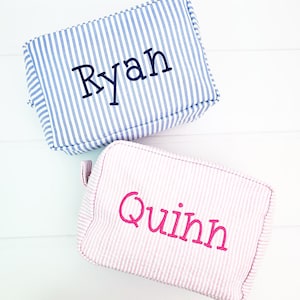 Monogrammed Seersucker Pouch for Kids - Personalized Childrens Travel Bag Suitcase - 7 Colors