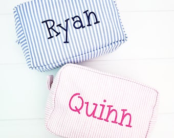 Monogrammed Seersucker Pouch for Kids - Personalized Childrens Travel Bag Suitcase - 7 Colors