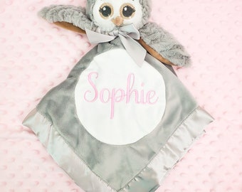 Bearington Baby Snuggler Personalized Baby Shower Gift Monogrammed Lovey Blanket -- Gray Owl