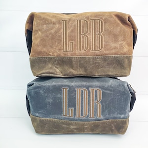 Monogrammed Mens Waxed Canvas Dopp Kit - Navy Blue or Brown