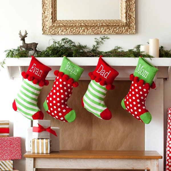 Knit Personalized Christmas Stocking with Pom Poms - Red Green Stripe and Dot