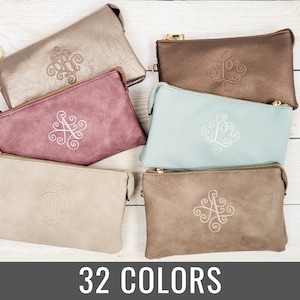 Pochette à 3 compartiments en cuir végétalien monogrammée, cadeau de demoiselle d'honneur - 21 couleurs