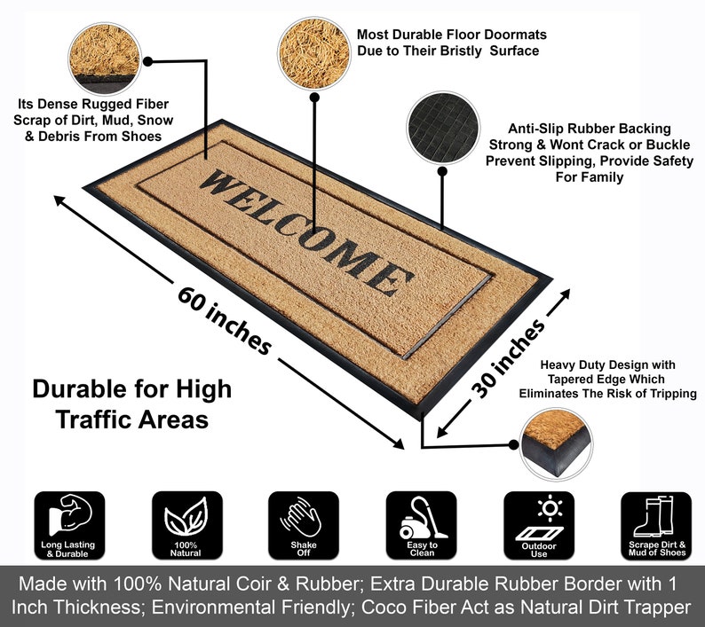 A1HC Natural Coir & Rubber Extra Large Door Mat 30x60 Thick Durable Doormats for Entrance Heavy