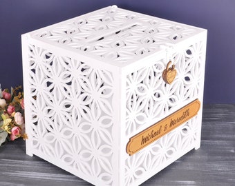 White Wood Wedding Card Box with Lock, Wishing Well