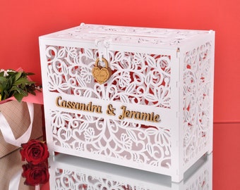 White Wedding Card Box with Lock, Decorative Floral Design