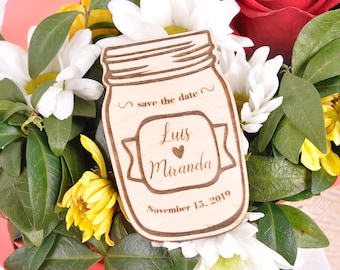 Mason Jar Wood Save The Date Magnet, Engraved Wedding Announcement