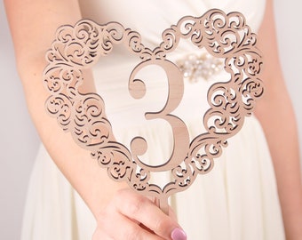 Floral Heart Wedding Table Numbers, Natural Wood