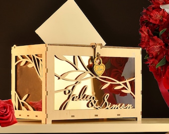 Personalized Wedding Card Box with Lock, Mirrored Gold or Silver