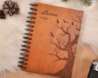 Personalized Wooden Notebook, Engraved Forest Design, Eco Gift