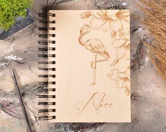 wooden notebook, wooden journal, 21th birthday gift for her, flamingo notebook