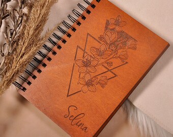 Wooden Notebook apple blossom, mandala