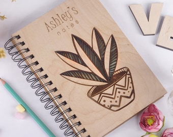 Cuaderno de madera personalizado, diseño de maceta grabada, regalo de cumpleaños