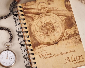 Personalized Wooden Journal with Clock, Custom Engraved Notebook