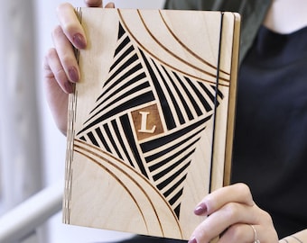 Personalized Wooden Journal, Abstract Engraved Notebook