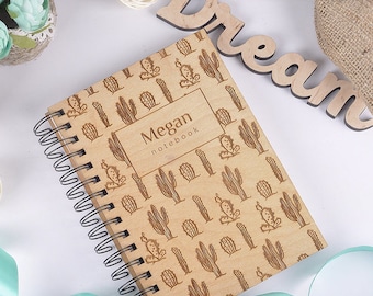 Cuaderno de madera personalizado: diseño de cactus, regalo grabado