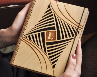 Personalized Wooden Journal, Abstract Engraved Notebook