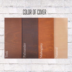 May include: Four wood samples showing different wood colors: teak, palisander, mahogany, and natural.