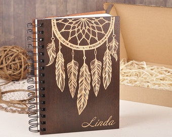 Engraved Wooden Journal: Dreamcatcher Design, Personalized Notebook