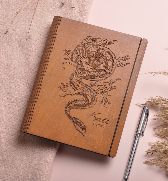 dragon notebook. wood journal, watercolor journal, mens journal