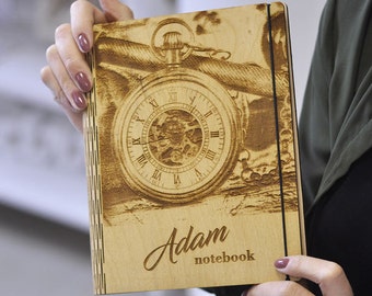 Personalized Wooden Journal: Engraved Clock Notebook, Gift for Him