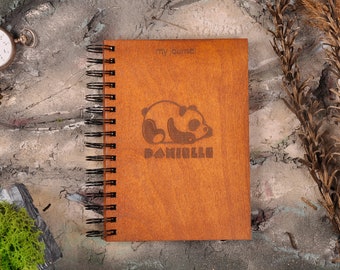 Cuaderno de madera personalizado con diseño de panda, diario grabado.