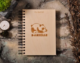 Cuaderno de madera personalizado con diseño de panda, cuaderno ecológico grabado.