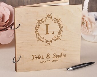 Personalized Wooden Wedding Guest Book, Engraved Initial