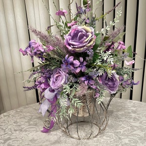 Purple Rose Floral Arrangement: Metal Watering Can Centerpiece
