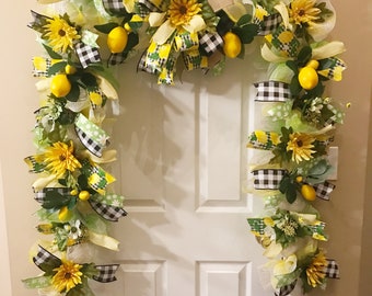 Lemon Garland for your front door, Buffalo check garland, Garland for mantle, Mantlepiece, Lemon mesh garland, 9 foot garland,