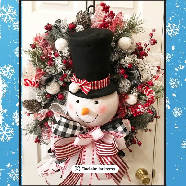 Snowman Wreath, Snowman Decor, Christmas Gift, Christmas Wreath, Snowman Top Hat Wreath, Christmas Decor, Deco Mesh Reefs, Holiday Wreaths