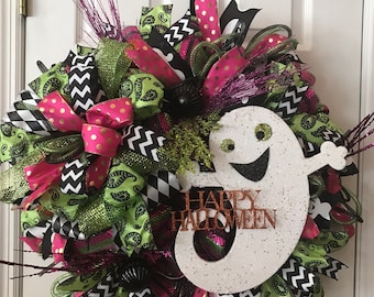 Ready to ship Halloween Ghost Wreath , Halloween Decor, Deco Mesh Wreath, Deco Mesh Wreaths, Deco Mesh Reefs, Halloween Wreath, Wreath