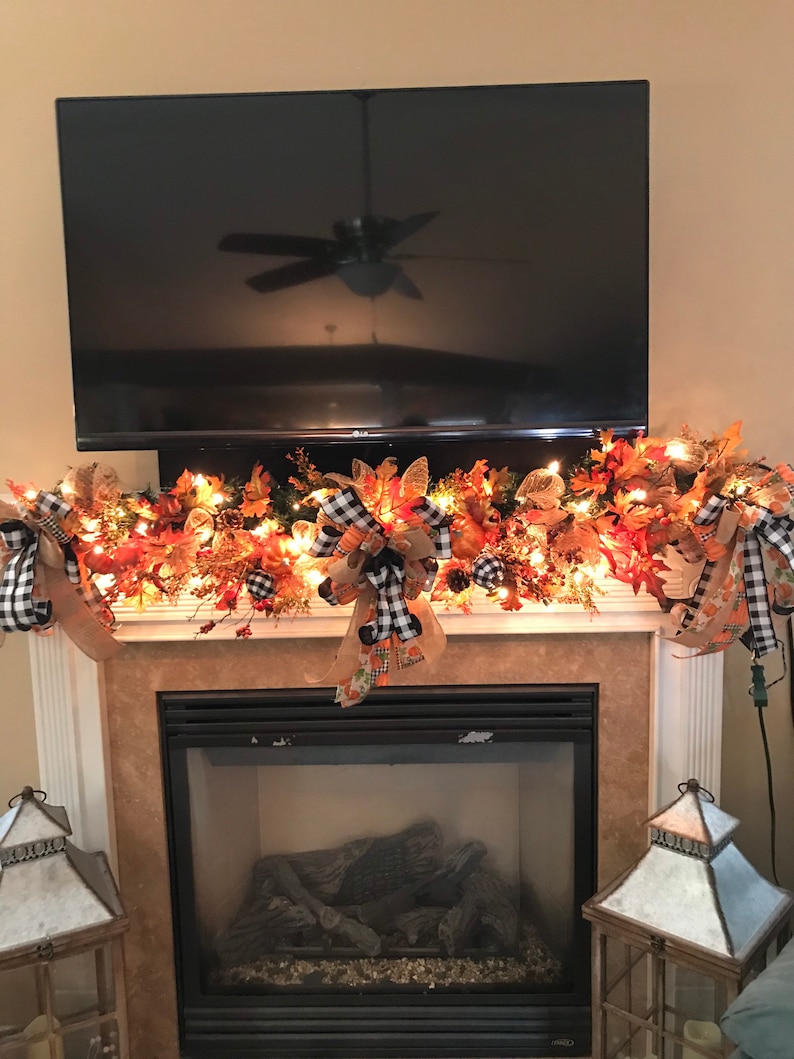 Fall Mantelpiece Garland Lighted Fall Garland Fall Fireplace Etsy
