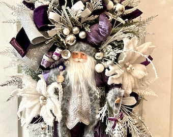 Ready to ship Purple velvet Santa Christmas swag, Winter Swag, Christmas Gift, Santa Swag, Winter home decor, Poinsettia Swag, outdoor swag