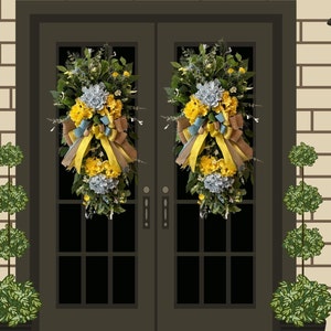 Yellow and Blue Floral Everyday Double Door Swags, Hydrangea swag, Door Swag, Spring wreath, Door Swags, Teardrop Swag, Summer wreath,