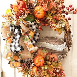 Everyday Wreath, Fall Wreath, Harvest Grapevine Wreath, Autumn Wreath, Farmhouse Wreath, Buffalo Check Wreath, Pumpkin Grapevine,