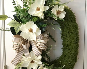Everyday Wreath, Farmhouse Wreath, Everyday Wreath,  Spring/Summer Wreath, Oval-Magnolia Moss Grapevine, Chunky Moss grapevine
