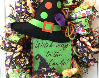 Witch Hat Wreath for your front door, Halloween Wreaths, Deco Mesh Wreath, Deco Mesh Wreaths, Deco mesh reef, Candy Corn Wreath,