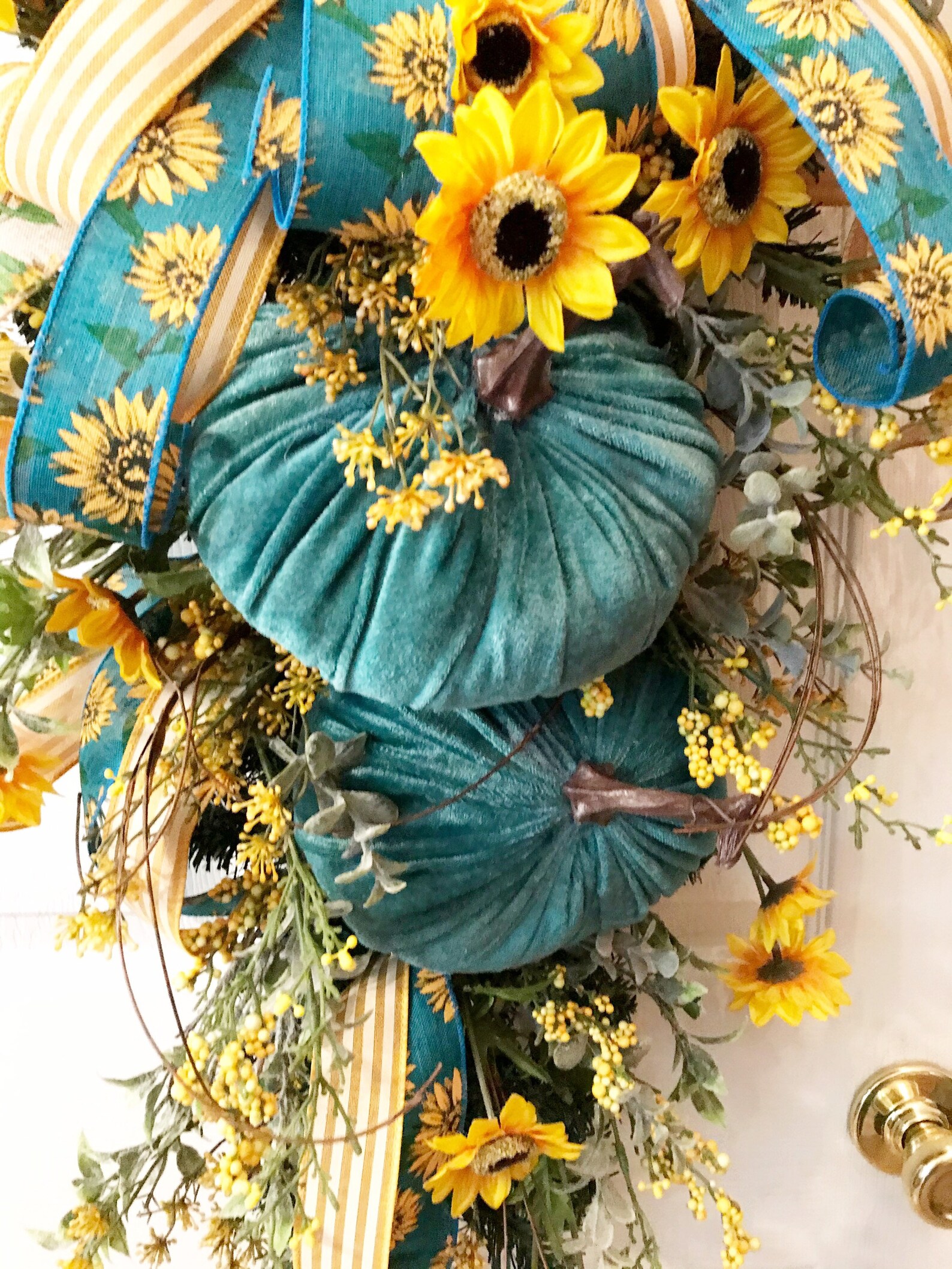 Double Door Swag Sunflower Swag Fall Swag Teal Pumpkin Etsy
