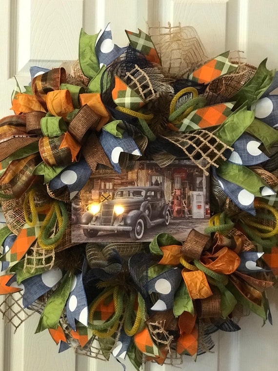 Lighted Vintage Car Deco Mesh Wreath Mesh Wreaths Front Door Wreath Front Door Wreaths Deco Mesh Reefs Mens Wreath Christmas Gifts