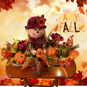 Ready to Ship Girl scarecrow Fall Arrangement, Fall Floral Arrangement, Floral and pumpkin centerpiece, Home Decor, Autumn table centerpiece