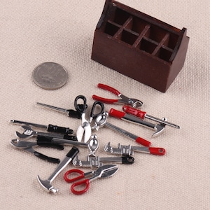 Dollhouse miniature tool box and tools,Mini tools set of 8 for dollhouse or miniature outdoor garden,Scrapbook embellishment scale miniature