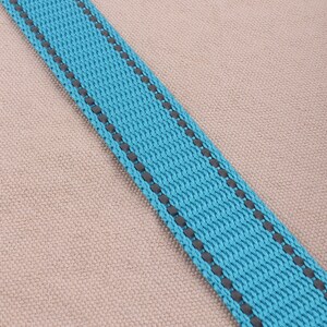 May include: A close-up of turquoise blue webbing with black stitching. The webbing is textured and has a woven appearance.
