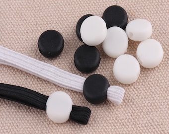 9*4mm white and black Stop Toggles Elastic Cord Lock For Face Mask,Rubber Button Cord Lock Stopper Rope Ends,Elastic Band Ear Loop Tape